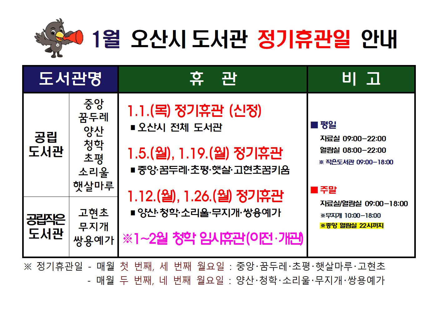 오산시 도서관 1월 휴관일 안내