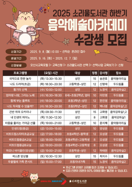 2025소리울도서관 하반기 음악예술아카데미 수강생 모집 2025소리울도서관 하반기 음악예술아카데미 수강생 모집
신청기간 : 2025.9.8(월) 10:00 ~ 선착순
운영기간 : 2025.9.16(화) ~ 12.7(일)
신청방법 : 오산교욱포털 ▷교육신청▷소리울도서관▷선택사업 교육보기▷신청
개설강좌 : 국악으로 한판 놀자 외16강좌